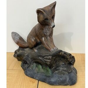 Vintage 1980 Scioto Ceramics Fox on Log Figurine Hand Painted Woodland Decor